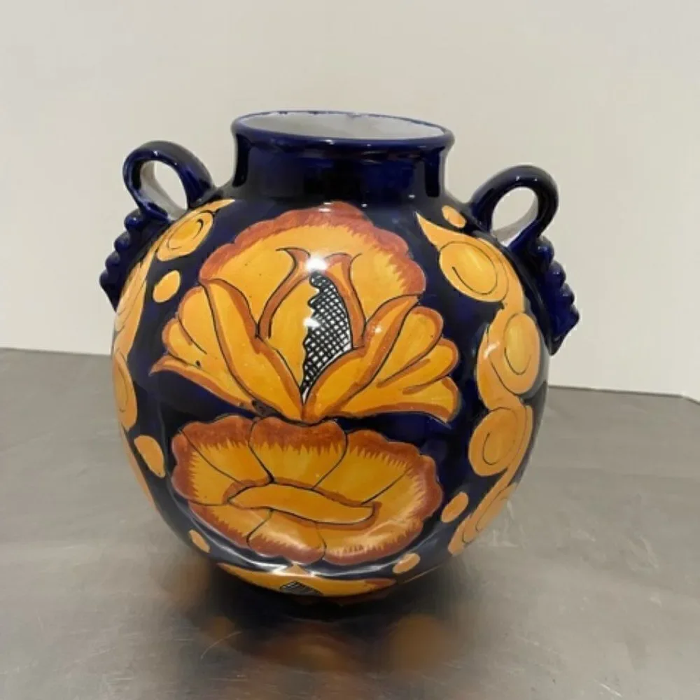 Castillo Hecho En Mexico Handmade Handled Urn Pot Red Clay Cobalt Yellow Flowers